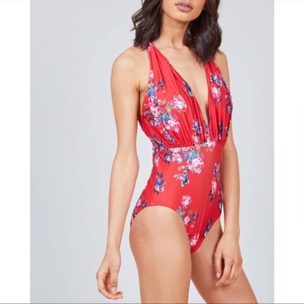 Modcloth Lauren Plunge One Piece Swimsuit in Red Floral XL NWOT